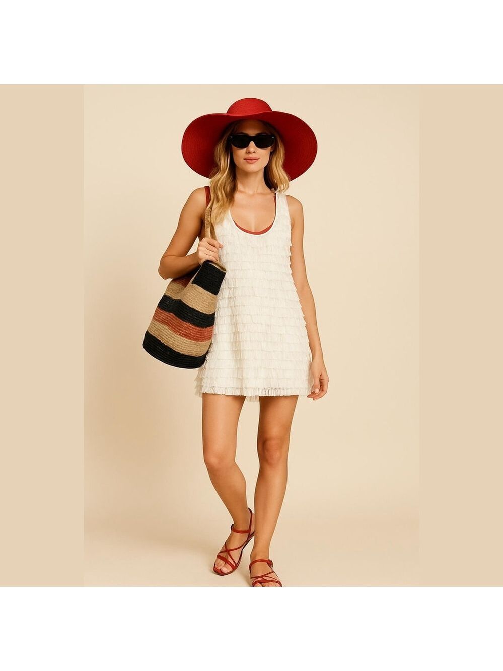 J Valdi Women's White Fringed Mini Dress Swim Cover-Up Size Large